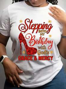 Women's Classic Casual T-Shirt With Vintage "My Birthday" Print And Balloon, Short Sleeve Crew Neck T-Shirt, Comfortable, Suitable For Daily Wear, Vacation And Summer Clothes. - 白色 1 - 查看 7