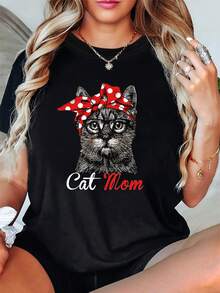 A Cat Mom's Pride: Plus Size Women's Casual Fashion T-Shirt With Round Neck, Cat Print, Red And White Polka Dot Headband, And Glasses. - 黑色 - 查看 1