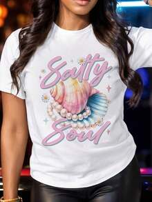 Camiseta Casual de Verano para Mujer - Tela Suave y Transpirable, Estampado Gráfico Vibrante "Salty Soul" con Conchas y Estrellas de Mar, Lavable a Máquina - Blanco - Ver 6