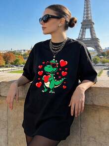 Women's Summer Clothing, Soft And Casual Cotton T-Shirt With Round Neck, Cartoon Green Dinosaur Print With Heart-Shaped Sunglasses. White. - 黑色 - 查看 3