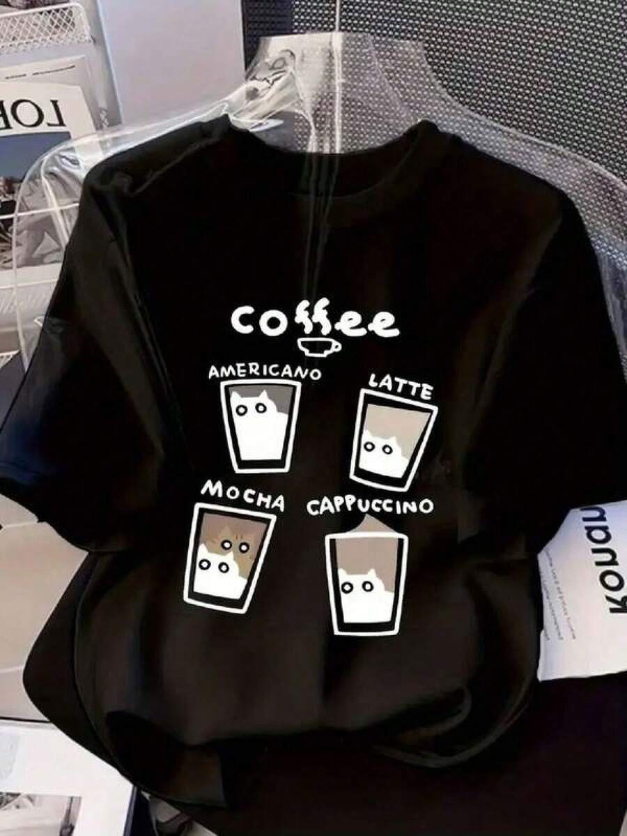 Mujer camiseta divertida con estampado de café, ajuste holgado, cuello redondo, manga corta, primavera-verano, ideal para amantes del café y ocasiones informales, categoría de moda. - Negro - Ver 1
