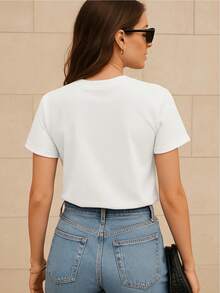 Basic Short-Sleeved T-Shirt With Butterfly Graphic Print And Glitter, Women's Casual, Creative, Cute Style For Spring, Summer, Autumn, Winter, 100% Cotton - [白色的] - 查看 2