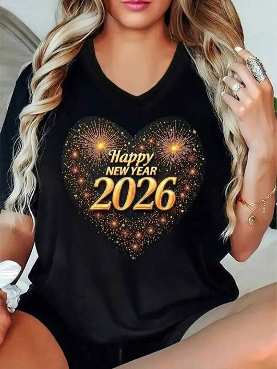 New 2026 Playera estampada Año Nuevo 2026 ajuste regular cuello redondo manga corta fiesta - Negro - Ver 1