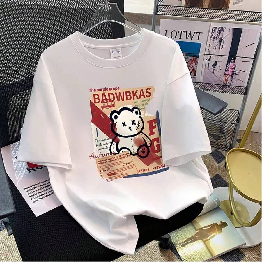 Women's Casual Printed T-Shirt, Short Sleeves, Round Neck, Spring/Summer Urban Fashion Unisex T-Shirt. UVSU - 707白色 - 查看 1