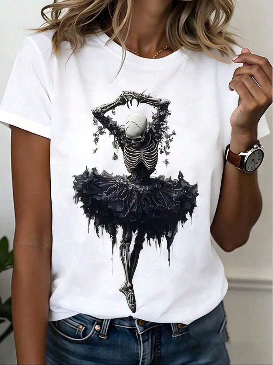 Women's Plus Size Gothic Graphic T-Shirt With Dancer Skeleton Design, Casual Summer T-Shirts For Women, 100% Cotton, Soft, Breathable, Loose Fit, Summer Clothes For Women, Streetwear, Party And Festival Outfit, Suitable For Spring, Summer And Autumn. - 白色 - 查看 1