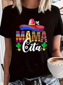 New 2026 Women's T-Shirt, Mamacita, Hat, Cactus, 2025 Fashion, Round Neck, Short Sleeve, Breathable Cotton, Casual Daily Wear Women's Casual Style Graphic Print Loose Round Neck Short Sleeve Spring Summer Daily Wear T-Shirt - 黑色 - 查看 1