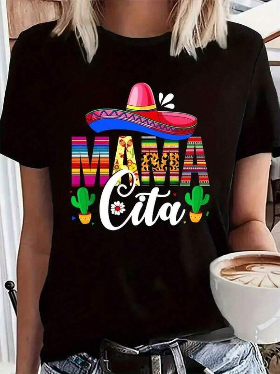 New 2026 Women's T-Shirt, Mamacita, Hat, Cactus, 2025 Fashion, Round Neck, Short Sleeve, Breathable Cotton, Casual Daily Wear Women's Casual Style Graphic Print Loose Round Neck Short Sleeve Spring Summer Daily Wear T-Shirt - 黑色 - 查看 1