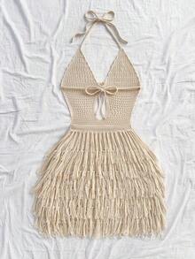 Vestido de suéter ajustado con cuello en V, escote halter y espalda con lazo, estilo bohemio, para vacaciones, otoño/invierno - Albaricoque - Ver 2