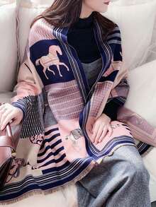 Sciarpa vintage con stampa a cavallo in finta cashmere, scialle/poncho invernale grande e caldo per donna - Arancione - Visualizzare 6