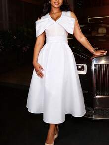 Fashionable White Woven Fabric Dress, Sleeveless V-Neck Midi Length, Asymmetric Ruched Waist Off-Shoulder Design, Perfect For Elegant Occasions Or Parties - White - View 1