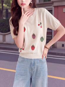 Áo dệt kim tay ngắn cổ tròn họa tiết trái cây tối giản dành cho nữ, thích hợp mặc mùa hè. - Be - Xem 6