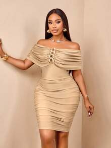 BIUBIU Plus Size Women Sexy Bodycon Dress, Gold Strapless Off-Shoulder Ruched Knit Mini Dress, High Elastic Fabric Elegant Summer - Apricot - View 4
