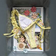 New Women's Special Fabric Bikini, Three-Piece, Sexy, Backless, Fitted, With V-Neck And Straps. - 黃色 - 查看 3