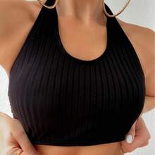 Top de bikini sin tirantes de color sólido con cuello halter y lazos, traje de baño de playa sin espalda. - marrón - Ver 5