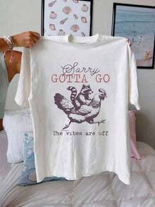 1 Piece Of T-Shirt With Raccoon And Chicken Graphic Print, Short Sleeve, Round Neck, Casual Top For Summer And Spring, Women's Clothing, 180g, 100% Cotton. - 白色 - 查看 6