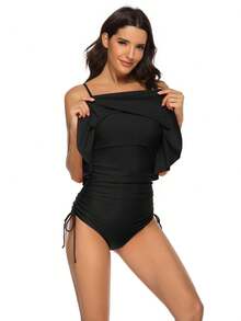 Traje de baño de una pieza para niña, de color sólido, sexy, con tirantes grandes y volantes. - Azul - Ver 6