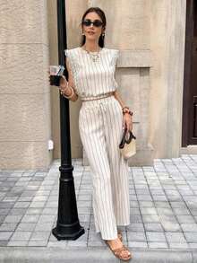 Conjunto de 2 piezas de blusa con ribete de encaje de unicolor y pantalones de pierna ancha para mujer, casual para vacaciones y viajes, primavera/verano - Albaricoque - Ver 4