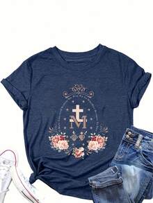 Nueva Camiseta de Moda para Mujer con Cuello Redondo, Camisetaólica de María, Top con Cruz de María, Camisetaólica Floral, Camisa para Mujer Cristiana, Regalo Inspirado en la Fe, Estilo Bási - Negro - Ver 8
