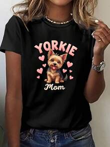 Camiseta casual de manga corta y cuello redondo para mujer con diseño de Yorkie y estampados de corazones rosas, perfecta para primavera y verano - Negro - Ver 1
