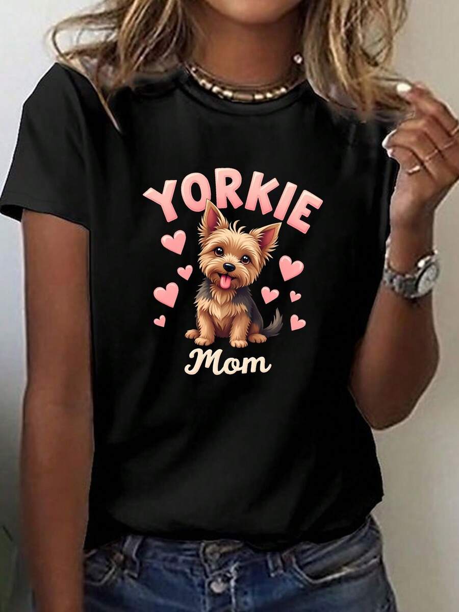 Camiseta casual de manga corta y cuello redondo para mujer con diseño de Yorkie y estampados de corazones rosas, perfecta para primavera y verano - Negro - Ver 1