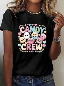 Camiseta Candy Crew para Mujer - Estampado Kawaii de Dulces, Manga Corta y Cuello Redondo, Ajuste Cómodo y Elástico, Lavable a Máquina, Moda Veraniega, Tela No Transparente, Ropa Casual para Todo el Año, Diseño Divertido, Estilo Moderno - Negro - Ver 1