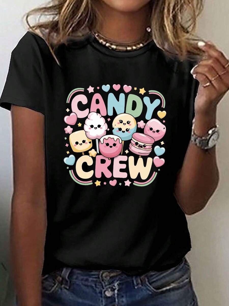 Camiseta Candy Crew para Mujer - Estampado Kawaii de Dulces, Manga Corta y Cuello Redondo, Ajuste Cómodo y Elástico, Lavable a Máquina, Moda Veraniega, Tela No Transparente, Ropa Casual para Todo el Año, Diseño Divertido, Estilo Moderno - Negro - Ver 1