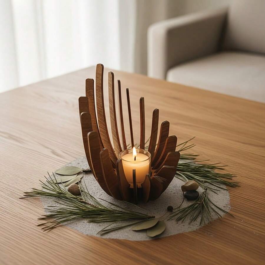 1pc Desktop Decor Gift Wooden Candle Holder, Flame-Shaped Lotus Design, Handmade Wooden Candle Stand, Suitable For Christmas, Valentine's Day, Home Decor (Requires Assembly)