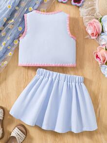 2pcs/Set Spring & Summer Soft Girl Style Light Blue Textured Pearl Decor Sleeveless Top And Bowknot Pleated Skirt - Multicolor - View 2