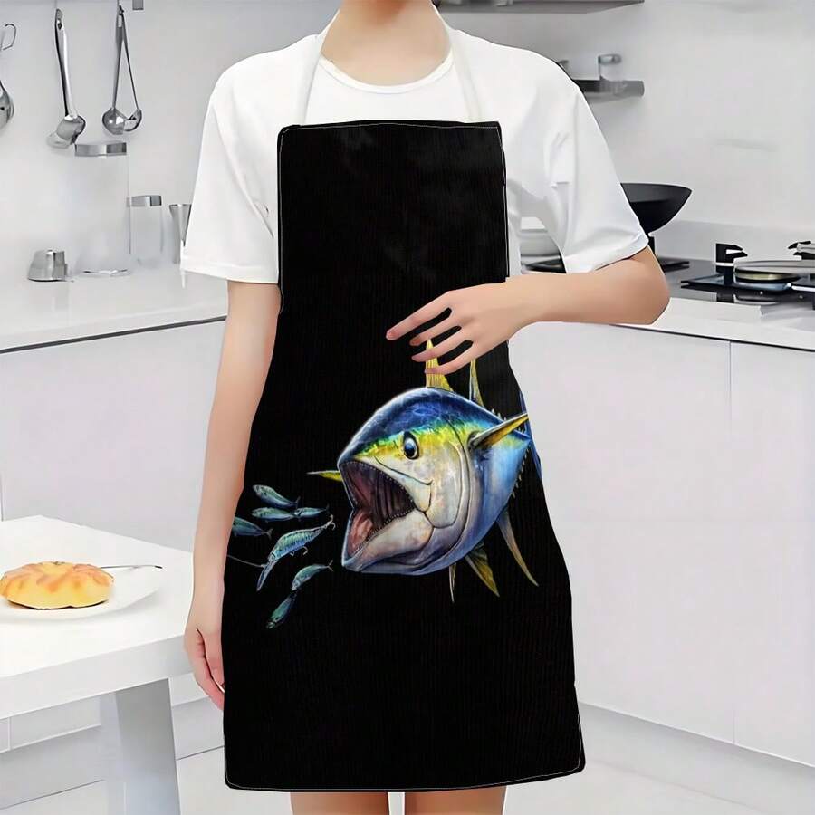 1pc, Home Decor, Predatory Tuna Pattern Printed Apron, Sleeveless, Neck Strap Design, Suitable For Cooking, Baking And Entertainment, Perfect For Home Dining, Parties, Outdoor BBQ Parties, Baking Apron|Vibrant Apron|Polyester Apron|Printed Apron - Multicolor - View 1
