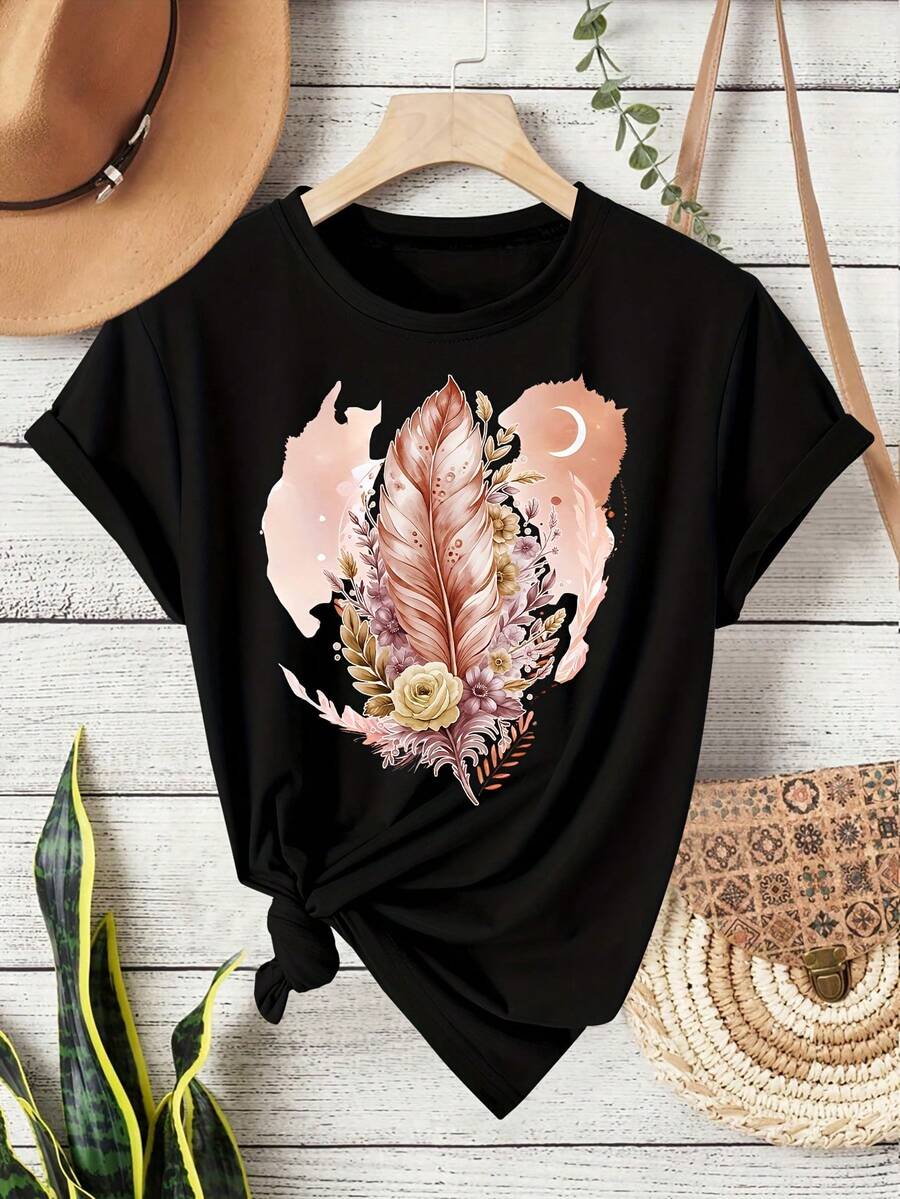Camiseta de manga corta con cuello redondo, estilo mexicano, estampado de plumas en rosa brillante, estilo retro a la moda, ropa casual deportiva y de fitness para mujer, adecuada para primavera, verano, otoño e invierno. Camiseta ligera, transpirable y holgada.