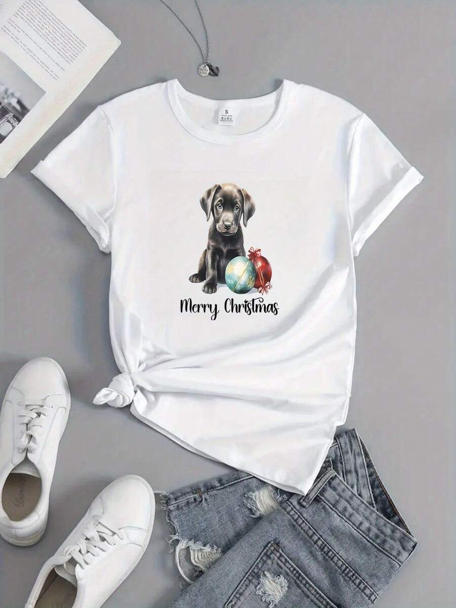 Camiseta de mujer, 1 pieza, camiseta deportiva casual para mujer con estampado de Golden Retriever, cuello redondo, manga corta. - Blanco - Ver 1