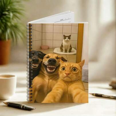 1pc A5 Spiral Notebook, Funny Pet Selfie Design, Lined Paper, Back To School Stationery, Subject Notebook, Daily Planner, Creative Gift
