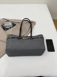 1pc Black Strap Decor Large Capacity Canvas Patchwork Tote Bag, Women Shoulder Bag - Black - View 4
