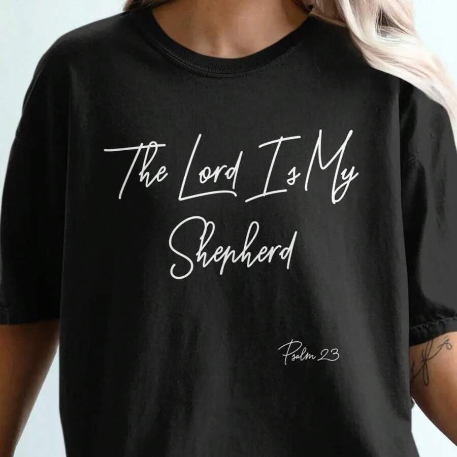 Camiseta Salmo 23, El Señor mi pastor, Camiseta cristiana, Camiseta con versículo bíblico, Basada en la fe, Equipo de iglesia - Negro - Ver 1