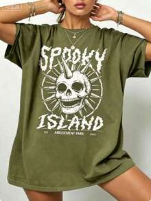Gothic Punk Cotton T-Shirt,Spooky Island Skull Graphic Tee,Womens Street Concert Summer Top,Short Sleeve,Dark Aesthetic,Y2K Style,Edgy Fashion - 綠色 - 查看 6