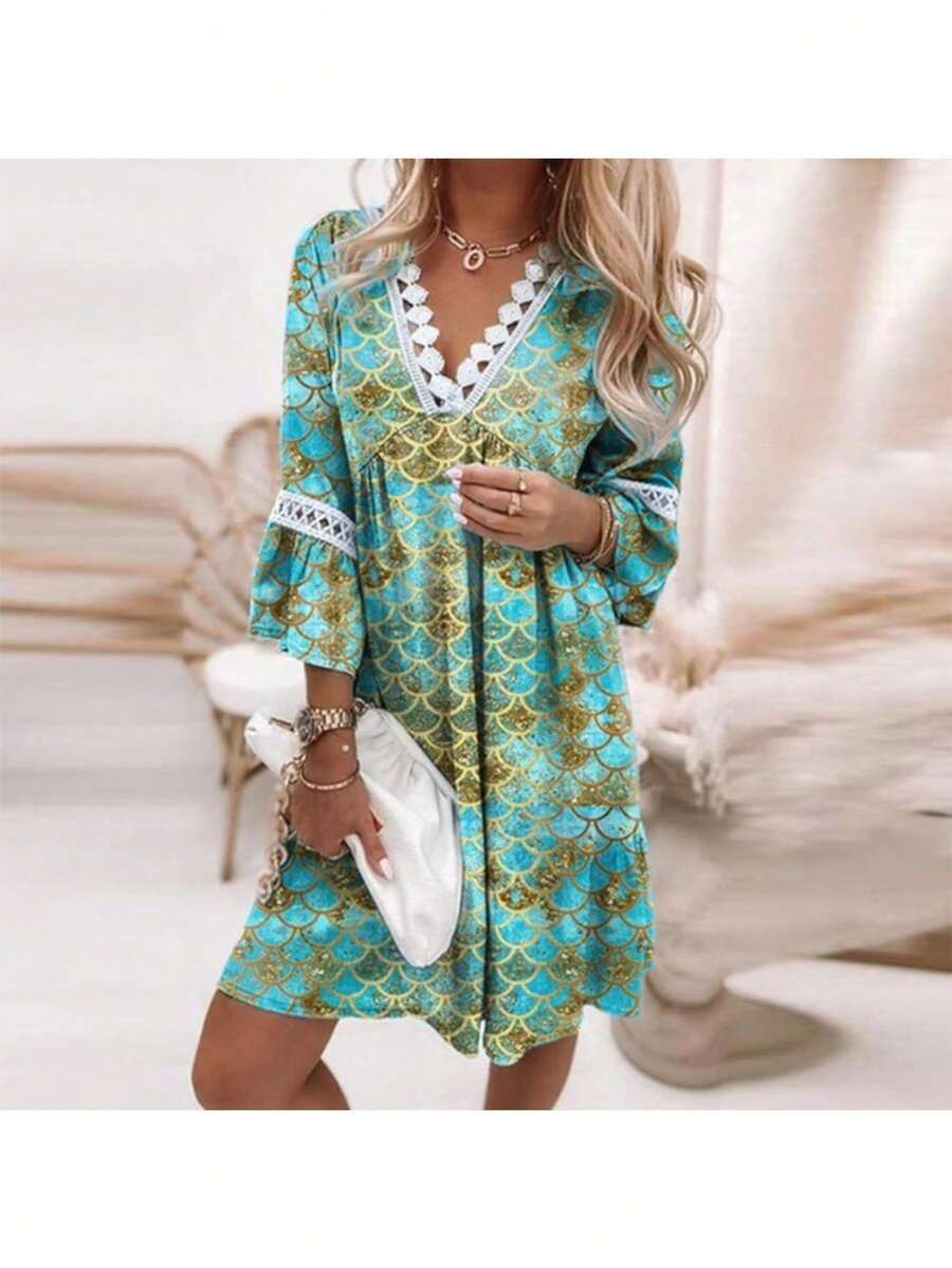 Vestido de mujer colorido con estampado boho, escote en V con volantes, mangas largas elásticas, corte holgado cómodo ideal para primavera y verano, estilo hippie casual perfecto para fiestas, vacaciones en la playa y eventos al aire libre - Verde - Ver 1