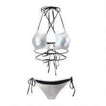 Nuevo y sexy bikini de dos piezas con tiras ajustables y estampado dorado de cinco estrellas. - Plateado - Ver 6