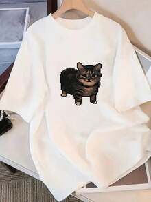 Nueva Colección Primavera/Verano 2026 de Ropa de Alta Calidad para Mujer, Sexy, Verano, Moda Coreana para Mujer, Camiseta de Manga Corta de Moda Coreana para Mujer, Estilo Pixelado con Patrón de Gato Divertido, Ropa de Moda Coreana para Mujer, Estilo Divertido y Lindo, Cómoda y Amigable con la Piel, Top Casual para Uso Diario, Transpirable y Confortable. - Blanco - Ver 2
