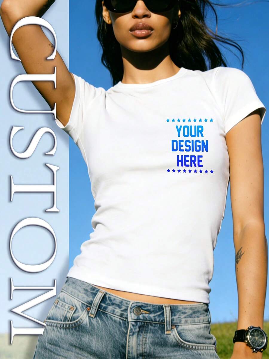 Camisetas Personalizadas para Mujer - Texto, Fotos, Logotipos y Diseños Impresos Personalizados en Camisetas, Tops Ajustados de Manga Corta y Cuello Redondo, Elegantes Camisetas Casuales Personalizables, Ideales para Uso Diario y Ropa Personalizada - Blanco - Ver 1