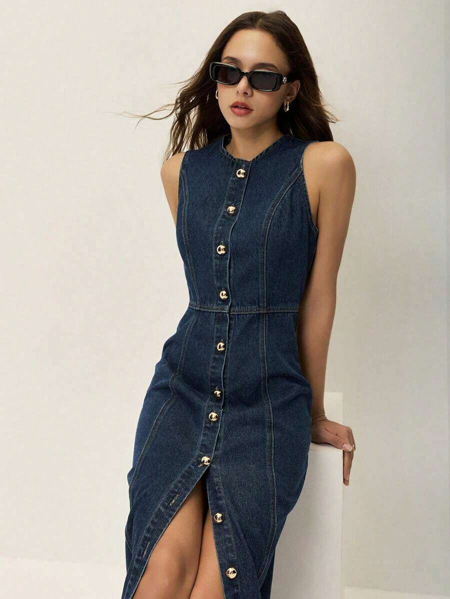 Vestido ajustado simple sin mangas con botones delanteros, casual para uso diario de mujeres - Azul lavado oscuro - Ver 1