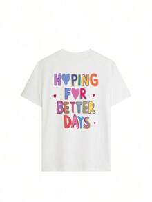 Women's Loose-Fitting T-Shirt With Heart Print And Slogan, Off-The-Shoulder Design - Urban Vintage Style, Unisex, Cotton, Short Sleeves, Round Neck, Blouses For Women. Casual Blouses For Ladies. - 白色 - 查看 2