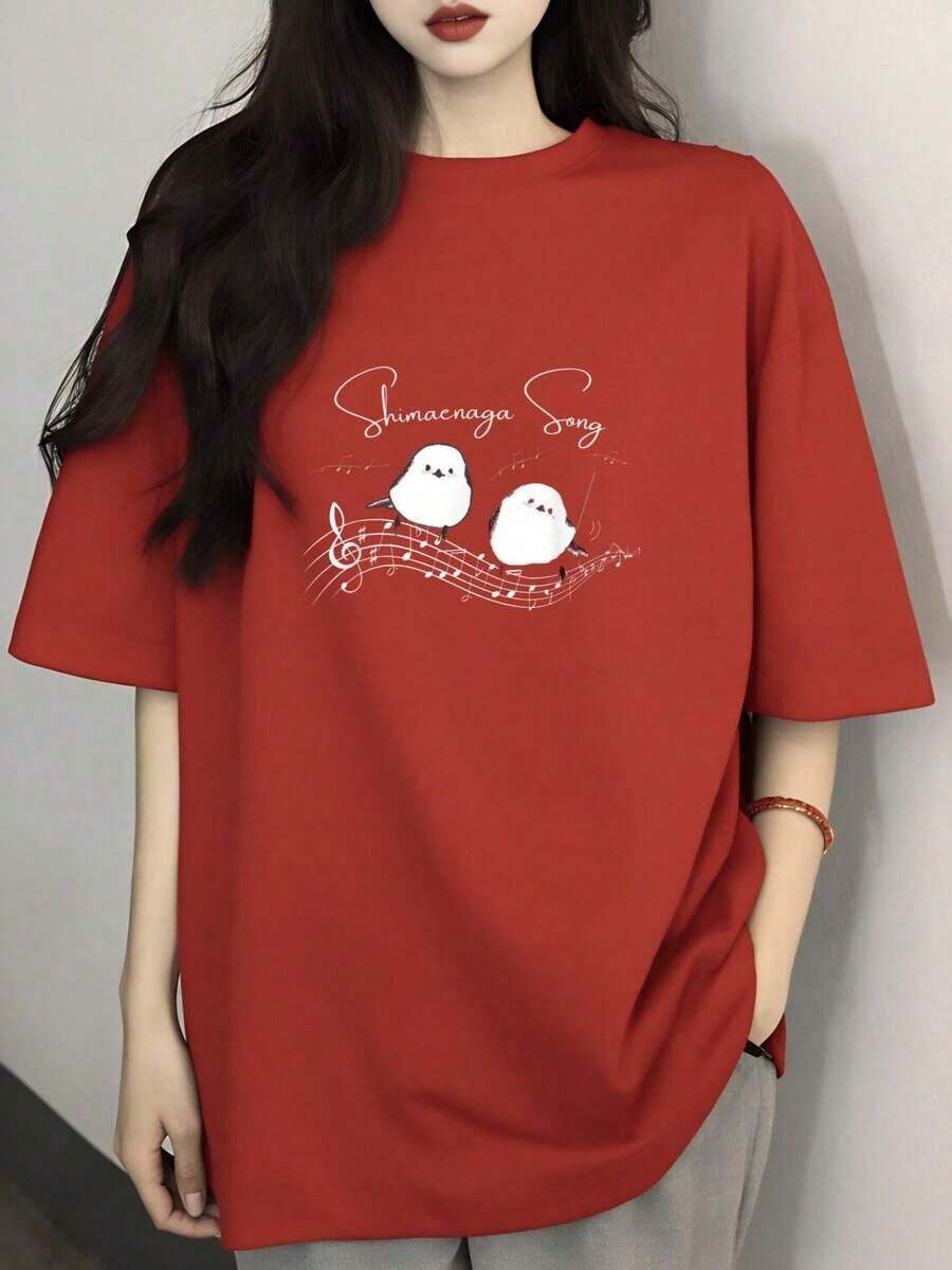 Loose1 camiseta de mujer, estampado de pájaro y nota de PPhimanga PPong, camiseta de manga corta para mujer 100% algodón puro, unisex, disponible en negro, blanco, rojo, gris claro, gris oscuro, cinco colores, estilo casual clásico, regalo, camisetas vintage, g 100% algodón (PP-XXXL).Basic Crew Neck Cotton T-shirt for Women - Rojo - Ver 1