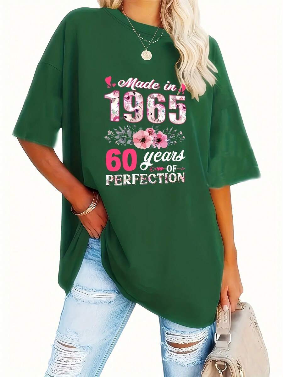 Talla Grande, Camiseta con Estampado de Letras, Manga Corta, Cuello Redondo, Top Casual, Ropa de Mujer - Verde - Ver 1