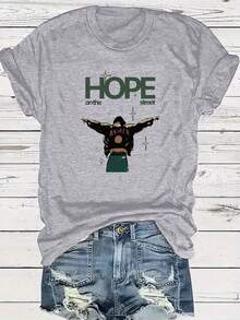 Camiseta Gráfica "Hope on the Street" para Mujer Talla Grande - Cuello Redondo Casual, Manga Corta, Ligera, Moda de Verano y Primavera, Corte Relajado, Camiseta para Uso Diario|Camiseta de Corte Holgado|Tela Ligera - Gris Claro - Ver 6