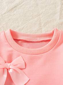2pcs Baby Girls' Casual Solid Color Bow Decor Long Sleeve Top And Printed Faux Denim Pattern Pants Set, Spring/Autumn - Pink - View 3