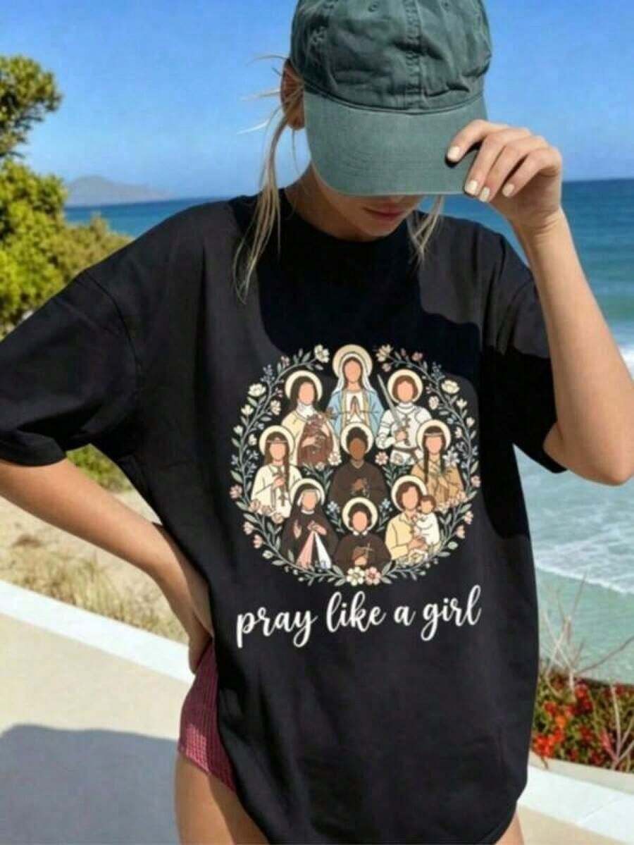Cómodo Camiseta de mujer estilo Y2K, con imágenes de santos católicos, diseñada específicamente para mujeres cristianas, con un estilo callejero retro de los años 2000 y un corte moderno. Es una camiseta de manga corta ideal para vacaciones de verano y festivales, playeras de mujer algodon - Negro - Ver 1