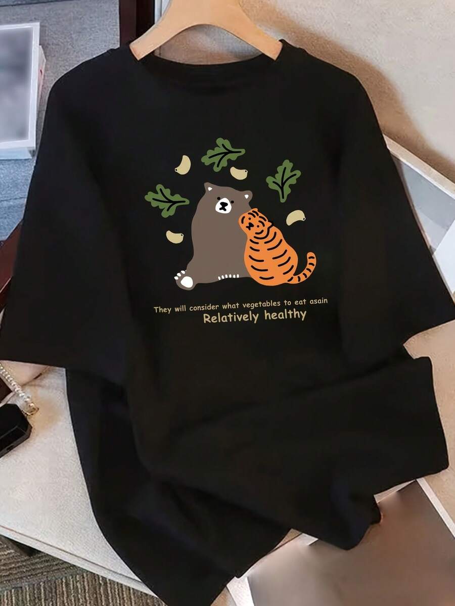 Camiseta de Mujer de Manga Corta con Diseño Exclusivo y Estampado, Novedad Verano 2025, Top Holgado de Media Manga para Mujer | Diseño exquisito | Suelto y cómodo | Fácil de combinar | - Negro - Ver 1