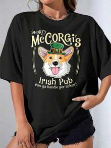 Camisetas de Mujer, Manga Corta Casual para Fiesta, Camiseta OneWhite con un Perro Corgi con Sombrero Verde y Texto de Pub Irlandés para la Celebración del Día de San Patricio, 180g - Negro - Ver 1