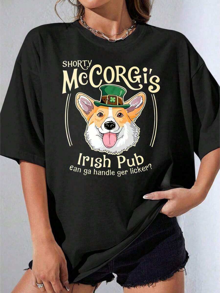 Camisetas de Mujer, Manga Corta Casual para Fiesta, Camiseta OneWhite con un Perro Corgi con Sombrero Verde y Texto de Pub Irlandés para la Celebración del Día de San Patricio, 180g - Negro - Ver 1