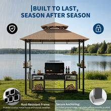 Home Outdoor 8x5 Ft BBQ Grill Gazebo With Double Roof, Grill Shelter With 2 Side Shelves & Tool Hooks, Weather-Resistant Patio Shelter For Backyard Cooking - Khaki - View 6